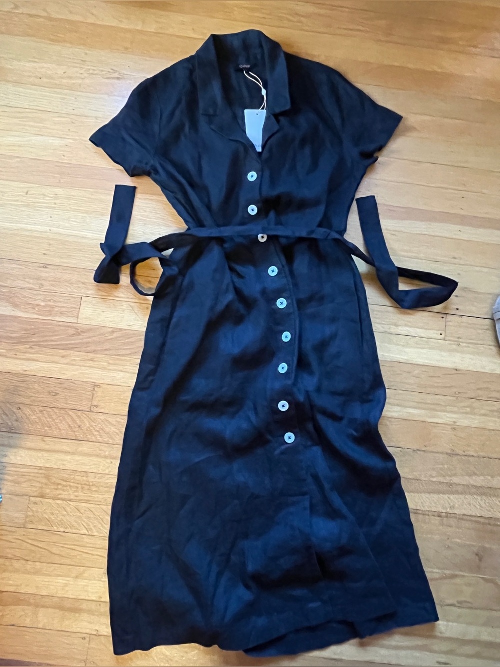 QUINCE 100% European linen black button front camp midi dress S - Picture 5 of 9